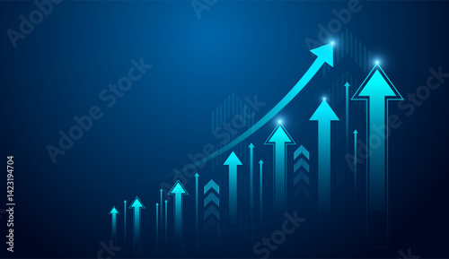 The Vector of multiple blue arrows rising in size, symbolizing steady and strong growth over time. used in business growing concepts, trading market, and stock market elements
