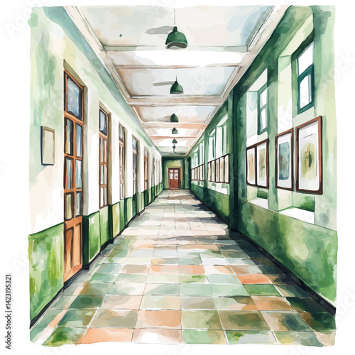 watercolor of School Hallway With Art Posters, vector, isolated on a white background.