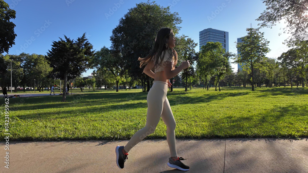 Young woman running and jogging in urban park.