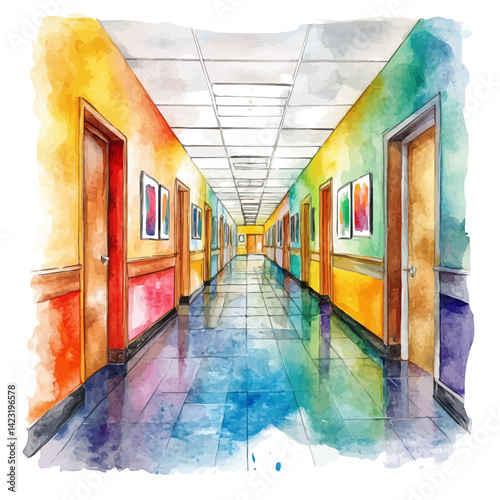 illustration of School Hallway With Art Posters, watercolor vector, isolated on a white background.