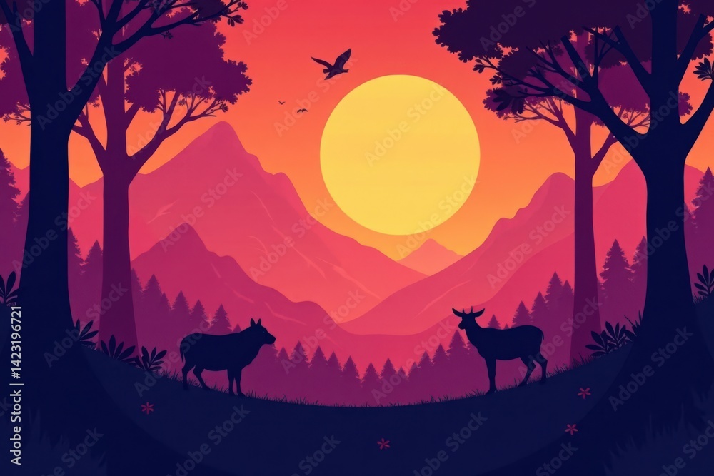 Fototapeta premium Forest Landscape with Silhouetted Trees and Animals, wildlife, leaves
