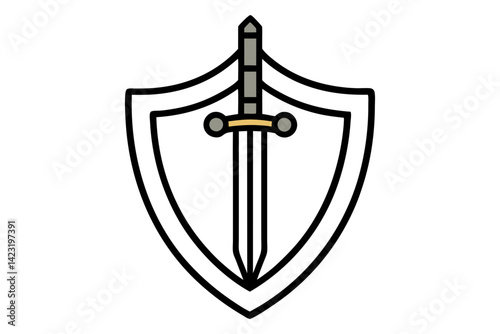 Battle Shield and Sword Outline Illustration