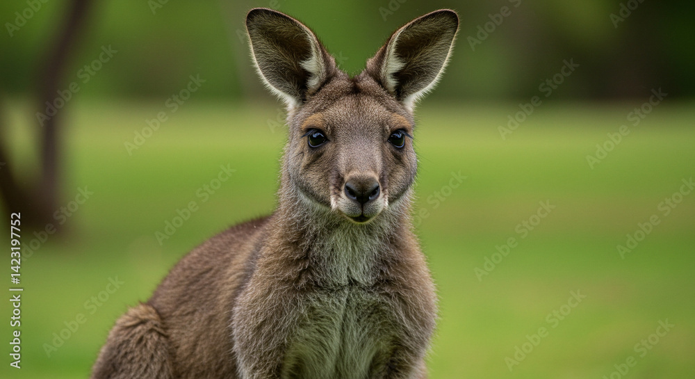 Fototapeta premium Young Kangaroo Portrait Staring Ahead in Green Grassy Field