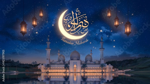 Serene Night Landscape Featuring Crescent Moon with Arabic Calligraphy Reading Ramadan Mubarak Designed Mosque Multiple Minarets Lush Greenery Palm Trees Rolling Hills and a Reflective Body of Water
