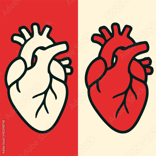 Wallpaper Mural Illustration of an anatomical heart depicted in two contrasting colors. On the left, a white heart with black outlines against a red background. Torontodigital.ca