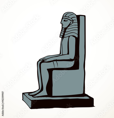 Vector drawing. Egyptian male statue. Pharaoh on the throne