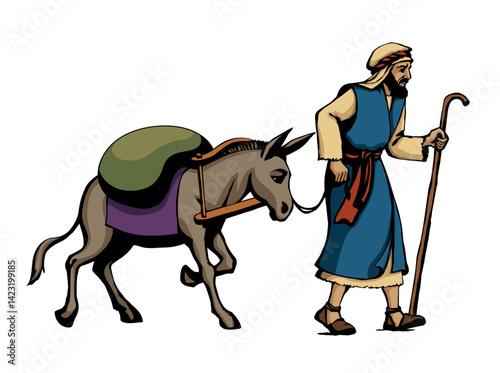 Vector drawing. Donkey loaded with cargo