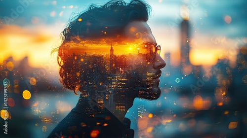 City lights silhouette of man with glasses in sunset city lights mood and artistic city lights silhouette of man double exposure concept city lights silhouette lights silhouette of man modern