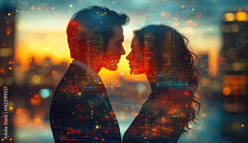 Romantic city couple at sunset with romantic city background and romantic city lights scene romantic city couple, sunset love silhouette