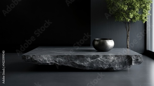Minimalist modern dark gray stone table with a dark metal bowl and a small tree