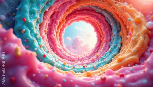 Colorful swirling vortex of sweet treats in a light airy space, colorful, whimsy