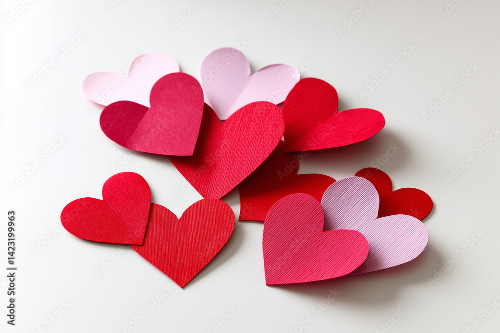 Obraz premium Colorful paper hearts scattered on a white surface.