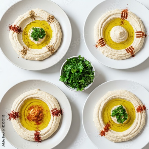 Overhead shot of four plates of hummus with parsley and olive oil in a white background photo