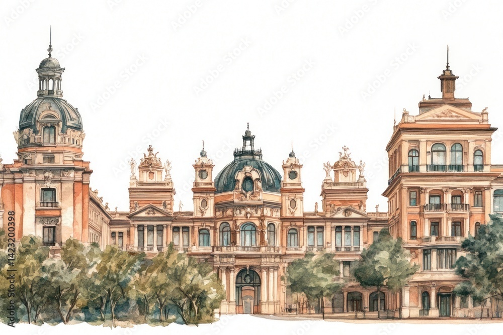 Fototapeta premium Palace in madrid watercolor building architectural.