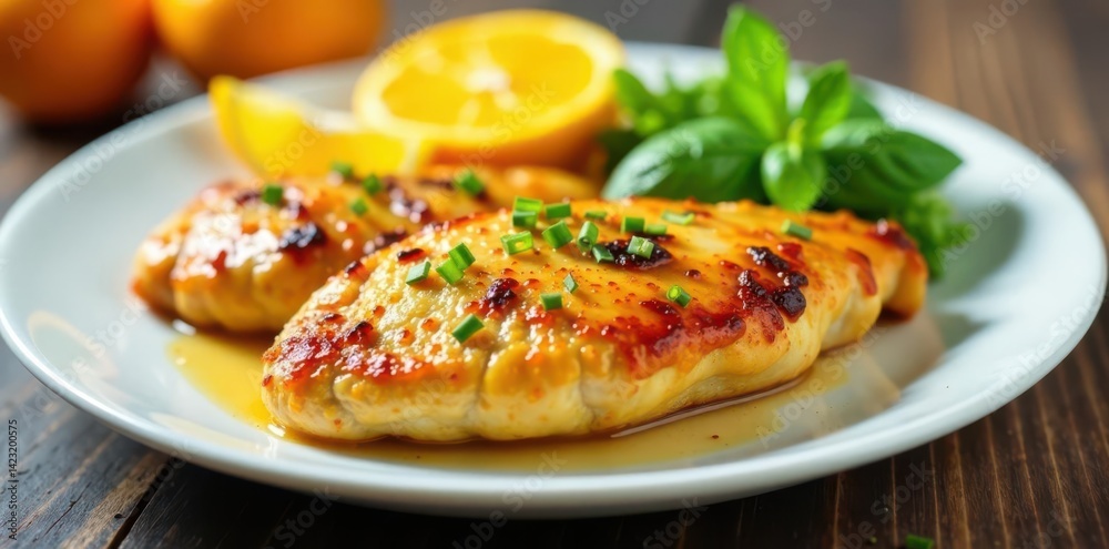 Crispy roasted chicken breast on a white plate with a zesty citrus marinade , kitchen, food Crispy roasted chicken breast on a white plate with a zesty citrus marinade , kitchen, food
