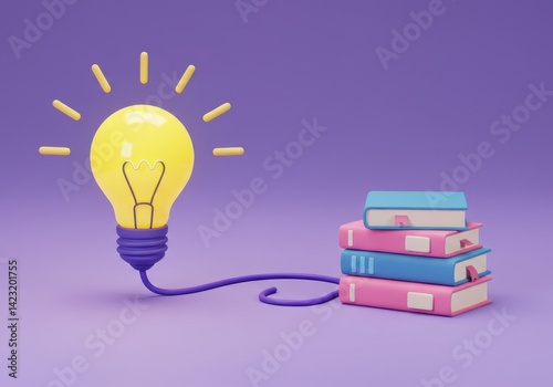 A lightbulb with rays connected to a stack of books on a purple background in a stylized image
