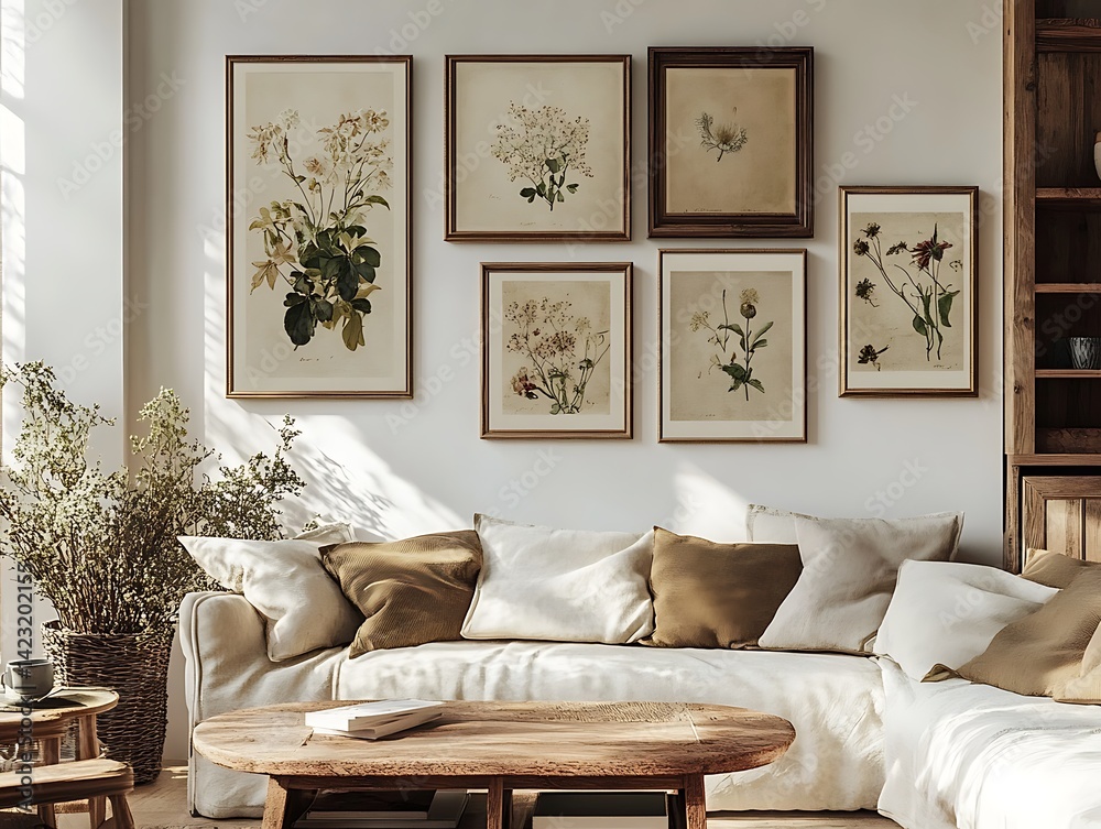 Fototapeta premium Cozy Living Room Interior With Wooden Frames Artwork on White Wall Plants and Rustic Furniture