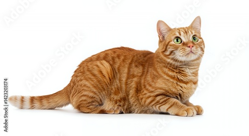Ginger Cat Lying Down Looking Upwards on a Clean White Background in Studio Setting Demonstrating Domestic Feline and Orange Fur with Isolated Cutout Style Perfect for Decorative Use