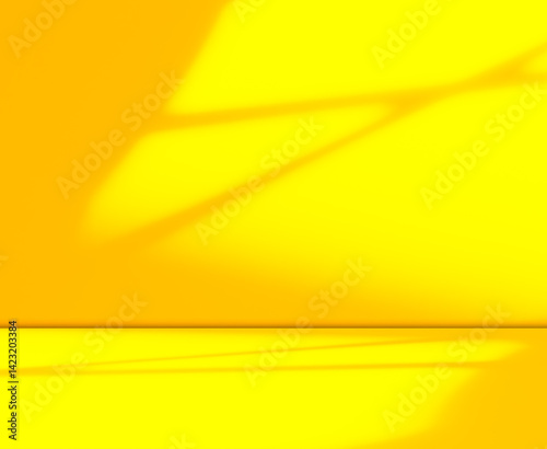 Yellow background wall gradient orange color studio room solid podium with shadow leaf on floor, backdrop summer tropical autumn season, stage template platform for presentation product promotion