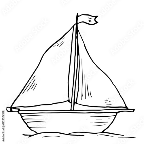 A marine vessel or a sailing yacht is sailing on the waves, a black and white ink sketch. Vector illustration. A small sailboat for recreation and travel, isolated on a white background. 