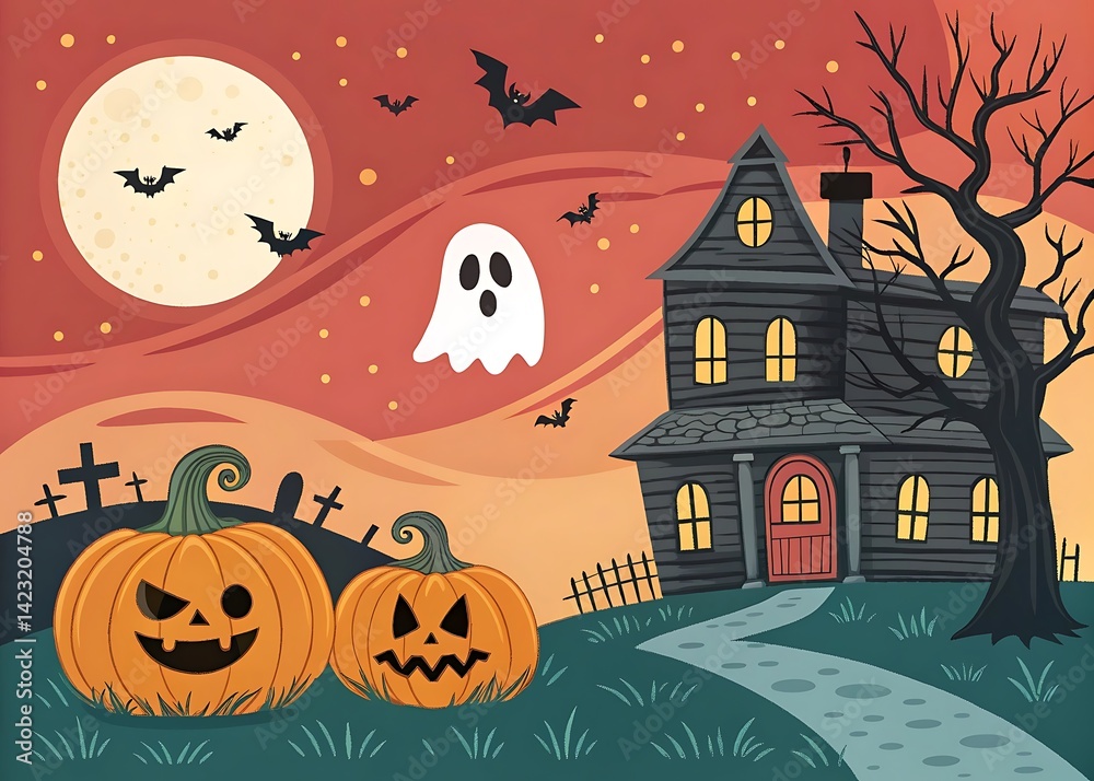 Fototapeta premium A spooky Halloween night illustration features a haunted castle silhouette under a dark moonlit sky with bats and a scary pumpkin