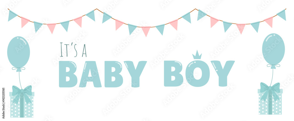 Vector banner for the birth of a little boy with garlands and gifts Vector banner for the birth of a little boy with garlands and gifts