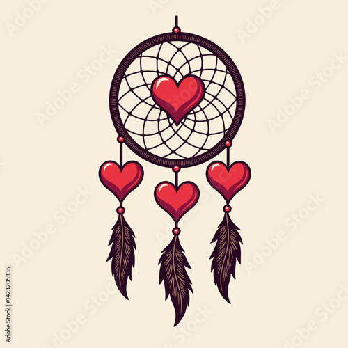 Heart-shaped dreamcatcher with feathers on beige background