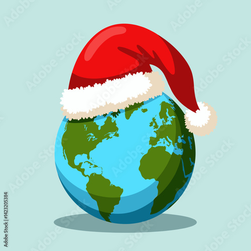 Earth globe wearing a Santa hat on pale blue background