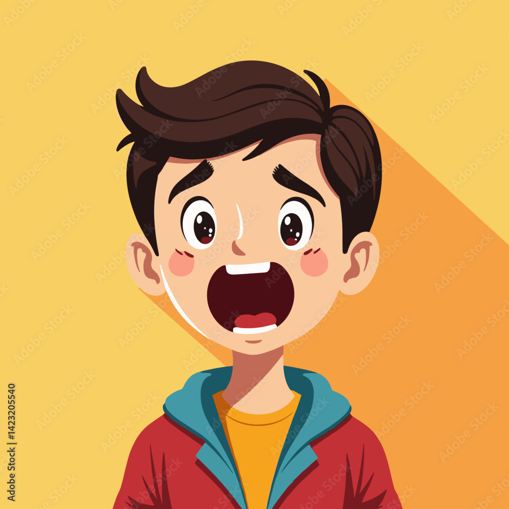 Boy appearing shocked and screaming against a yellow background