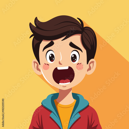 Boy appearing shocked and screaming against a yellow background