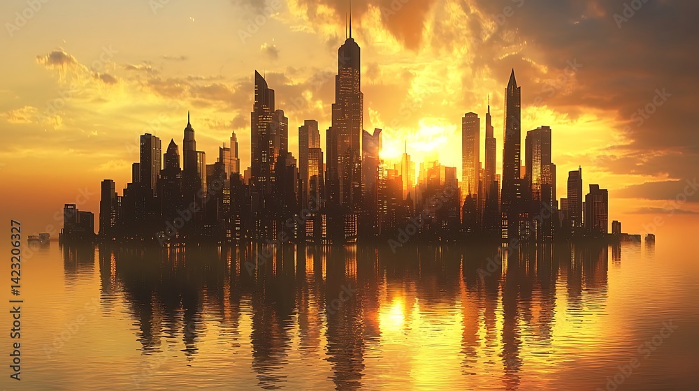 Obraz premium Metropolitan skyline reflecting upon a serene body of water during golden hour