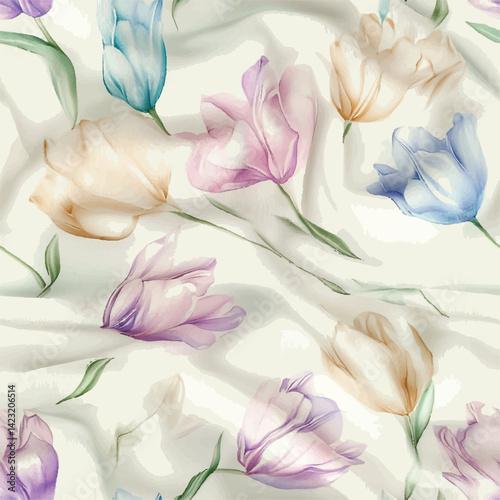 Delicate hand-painted tulips in soft pastels, flowing across the fabric in a scattered pattern.Tulips seamless pattern in block print style. Cute spring flowers repeat design.