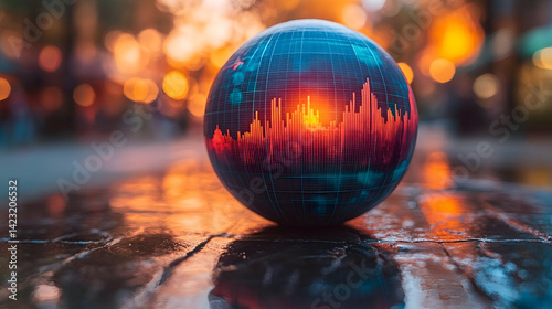 Sphere with graph data sits on a reflective surface out of focus lights in the background