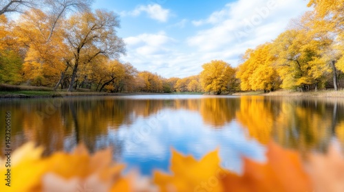 Autumnal park lake reflecting vibrant fall foliage photo