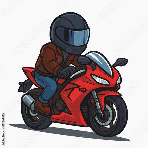 The driver of a motorcycle clad in a leather jacket and riding. Lover Biker Touring. Red sport cartoon