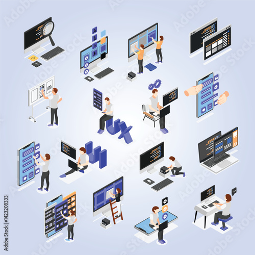 User interface development of website and mobile app isometric set with people creating new forms isolated vector illustration
