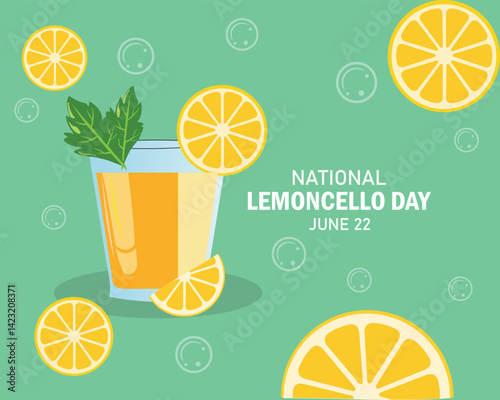 National Limoncello Day vector illustration. Traditional Italian lemon liqueur icon vector. Glass of lemon drink drawing. June 22 every year. Important day
