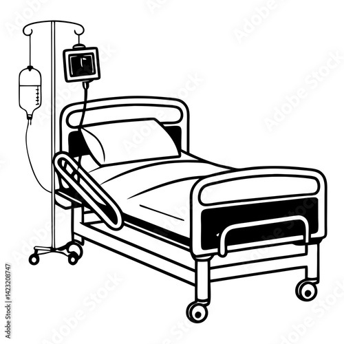 Hospital bed with monitor and IV bag icon. Patient hospital care vector. Modern hospital bed illustration 