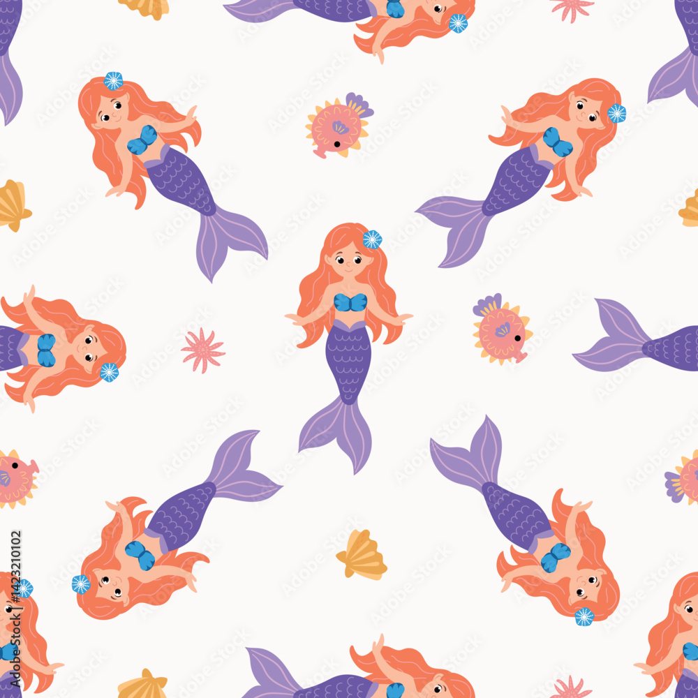 Seamless pattern with cute mermaids. Design for fabric, textile, wallpaper, packaging Seamless pattern with cute mermaids. Design for fabric, textile, wallpaper, packaging