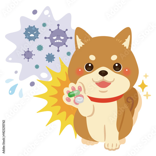 ウイルスを薬剤で治療して元気になる柴犬のイラスト