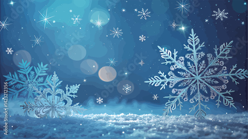 Sparkling winter wonderland with frosty snowflakes and shimmering light effects.