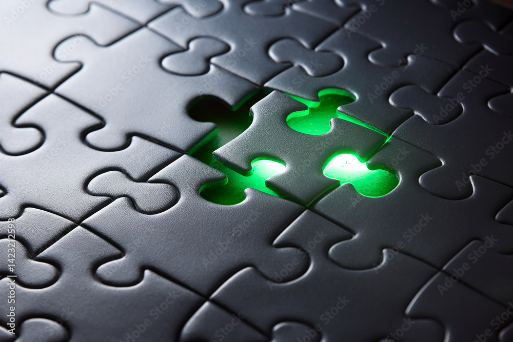 Fototapeta premium Close-up of dark gray jigsaw puzzle, one piece glowing green, representing solution, completion, or a missing element finding its place
