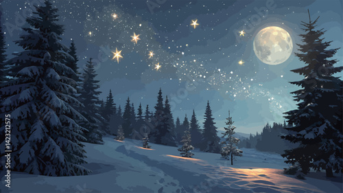 Serene winter night with snowy landscape, stars, and a luminous full moon.