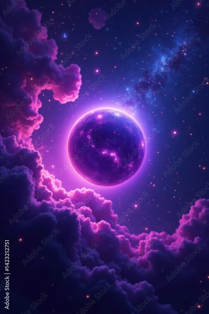 Fototapeta premium Mysterious, glowing orb amidst swirling purple gas and stars, purple gas, orb