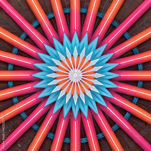 Colorful geometric pattern created with vibrant pencils radiating from the center.