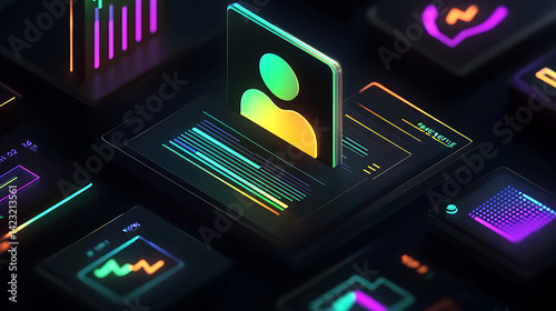Futuristic digital presentation displaying detailed user profile data with vibrant colors and patterns