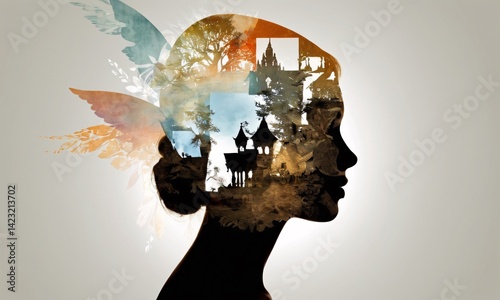 A silhouette of a womans head with a castle in the background