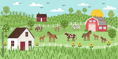 Sustainable and regenerative farming concept banner. Gardening nature landscape with farm animals, plants, farmhouse, cows and horses. Vector hand drawn background in flat style.