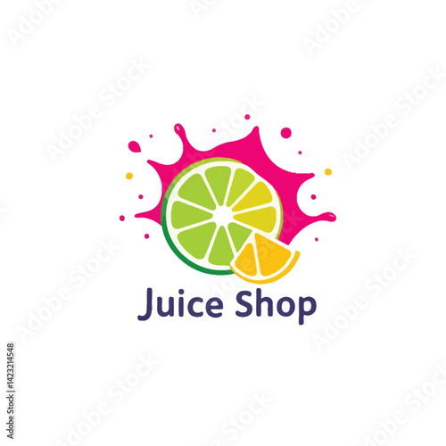 Geometric juice shop logo fruit slice and splash design in pink, lime green, orange, and white, clean lines, balanced composition, symmetrical layout, white background, vector format