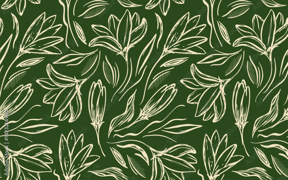 abstract exotic outline flowers, hand drawn sketch, floral seamless patterns. Print for fabric, textile, cover, banner, clothes, wrapping paper, home decor. beige on dark green background. abstract exotic outline flowers, hand drawn sketch, floral seamless patterns. Print for fabric, textile, cover, banner, clothes, wrapping paper, home decor. beige on dark green background.